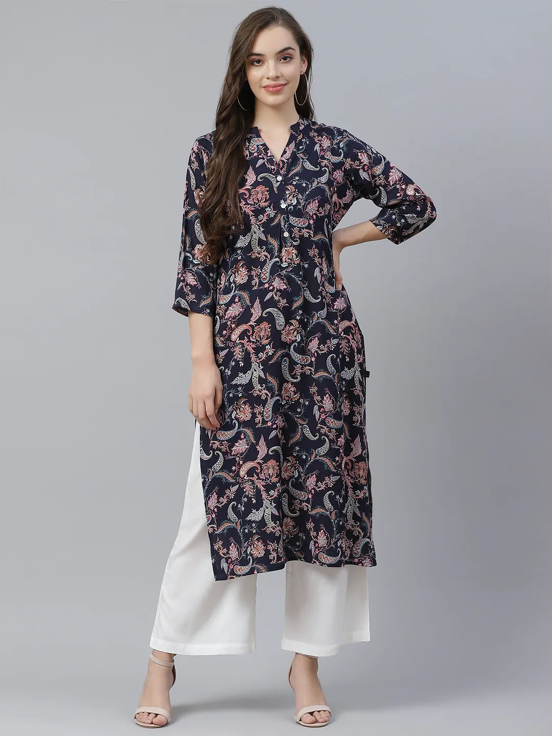 Women'S Blue Printed Rayon Straight Kurti