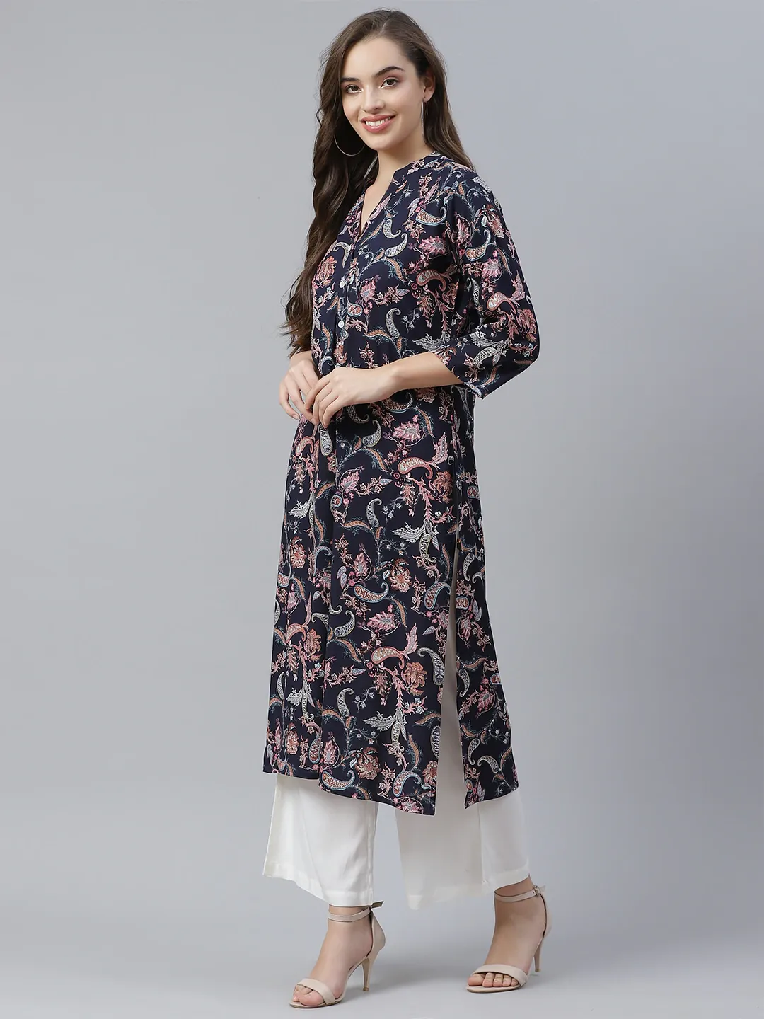 Women'S Blue Printed Rayon Straight Kurti