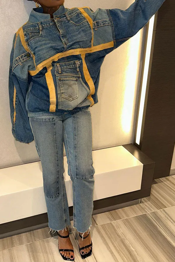 xiangtuibao Color Block Patchwork Oversized Washed Denim Coat